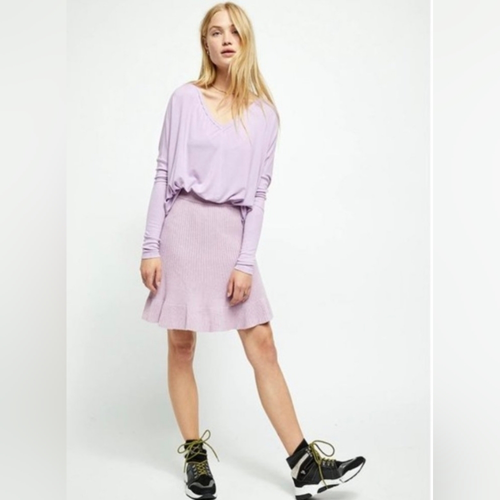 #1 Free People "Solid Gold" Ribbed Knit Stretch Flare Midi Skirt Pink